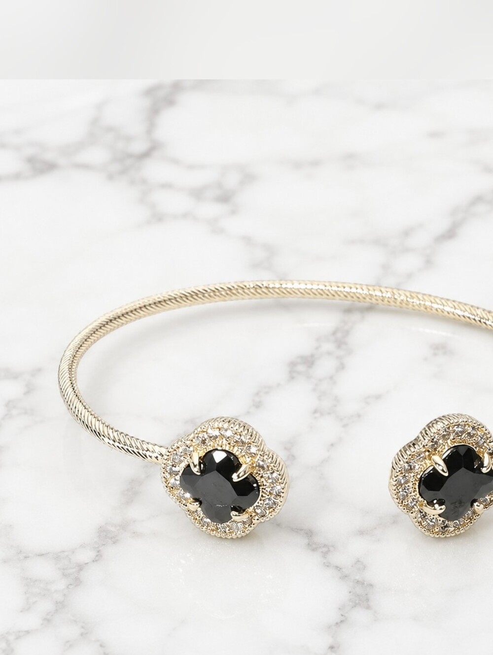 Two-Tone Quatrefoil CZ Open Bangle Black Onyx